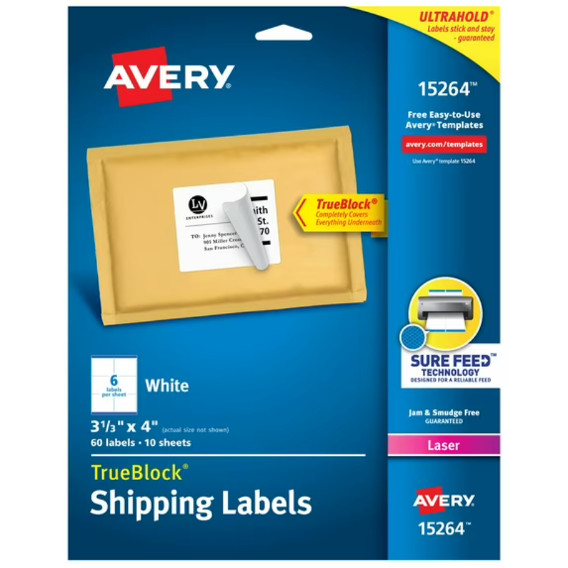 Avery Shipping Labels, 3-1/3" x 4", Paper, White, TrueBlock®, Laser/Inkjet, 60 Labels (15264)
